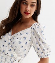 New Look White Ditsy Floral Short Puff Sleeve Wrap Peplum Top